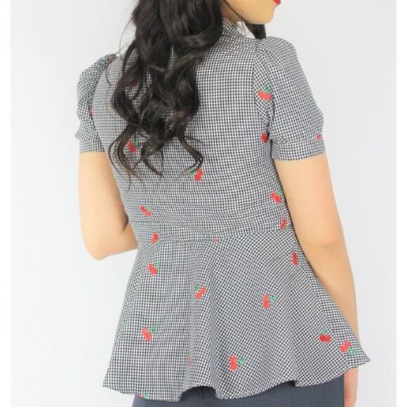Hemet Gingham and Cherries Peplum Top size S pin up doll barbie Grease pink lady - Picture 12 of 16